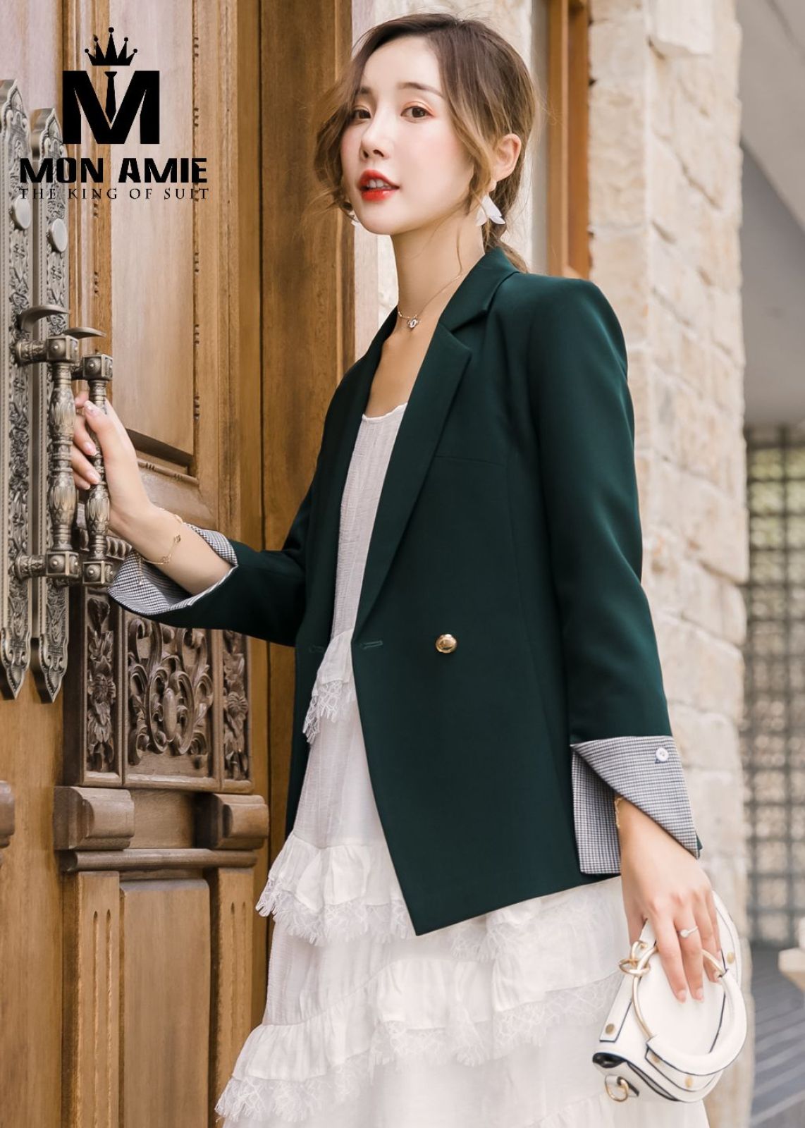 Dark Green Double Breasted Half Sleeves Blazer 